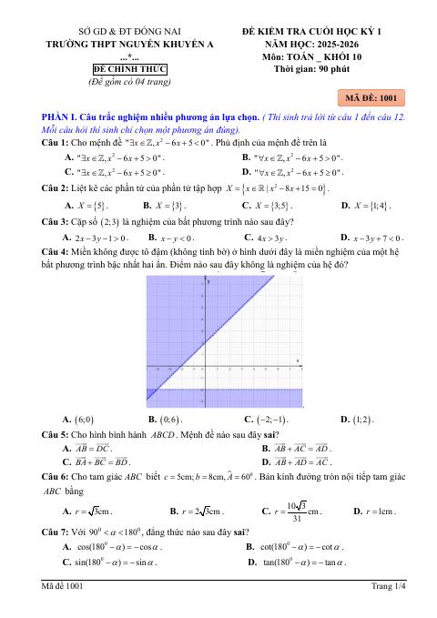 Đề thi Học kì 1 Toán 10 năm 2025-2026 trường THPT Nguyến Khuyến A (Đồng Nai)